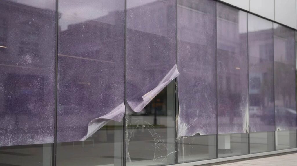 The image depicts a commercial building facade with large glass panels, where the purple-tinted window film is visibly degraded and starting to peel away, revealing the glass underneath. This scene highlights the need for professional window film removal services to safely remove old window tint and enhance the building's appearance.