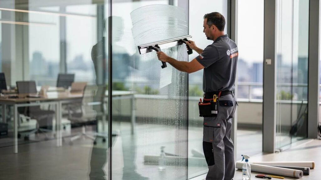 A professional window film technician is skillfully applying a protective window film to a large commercial glass panel using a squeegee tool, aiming to block harmful UV rays and reduce heat while allowing natural light to enter the space. This installation enhances energy efficiency and protects furniture from fading due to the sun's rays.