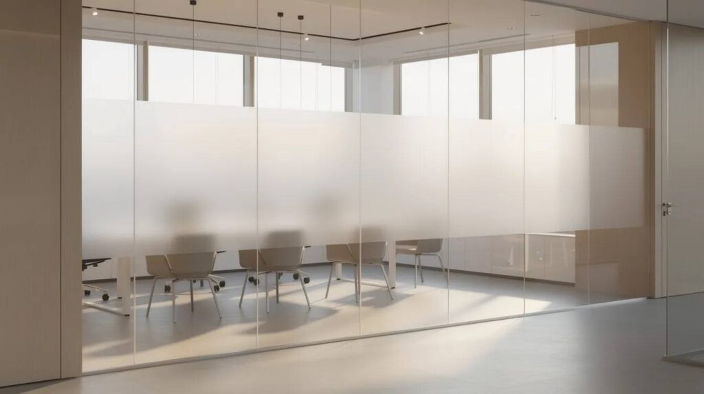 The image features an interior glass office partition showcasing a gradient frosted film that transitions from clear glass at the top to frosted at eye level, allowing warm daylight to filter through. This design enhances privacy while maintaining a modern aesthetic, ideal for commercial spaces.