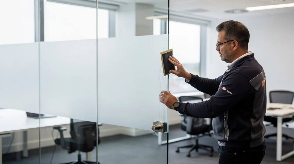 A professional installer is meticulously applying a large sheet of frosted window film to an interior glass partition in a bright, modern office. This installation enhances privacy while contributing to energy savings and improving the overall aesthetics of the space.