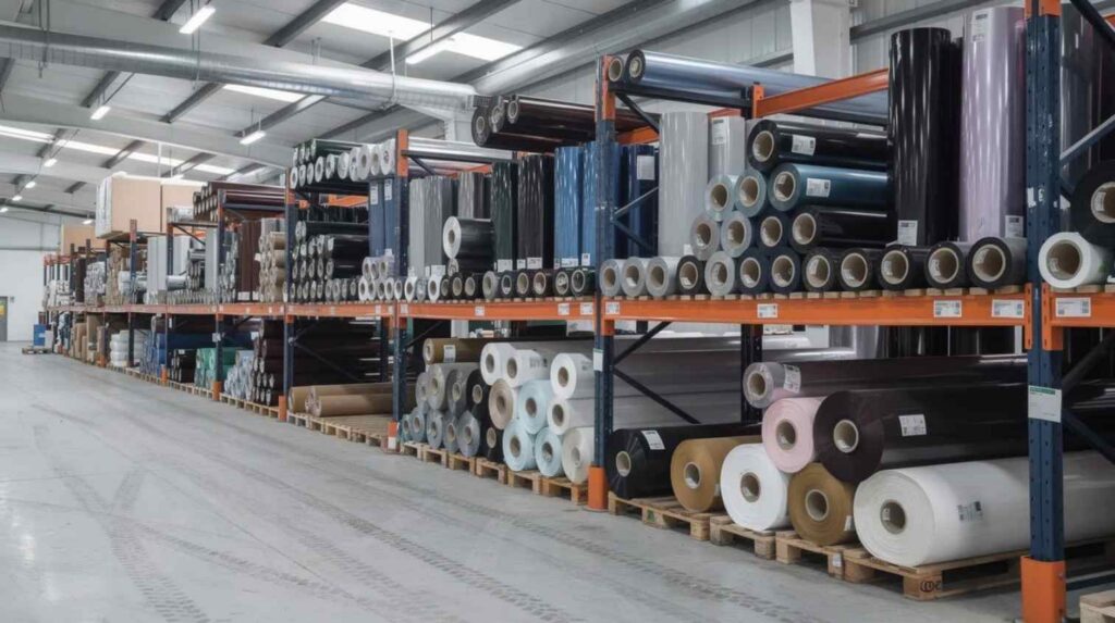The image shows a warehouse shelving unit filled with large rolls of quality window tint film in various shades and widths, ideal for automotive and architectural applications. This complete line of window films offers options to improve privacy and reduce glare for vehicles and buildings alike.