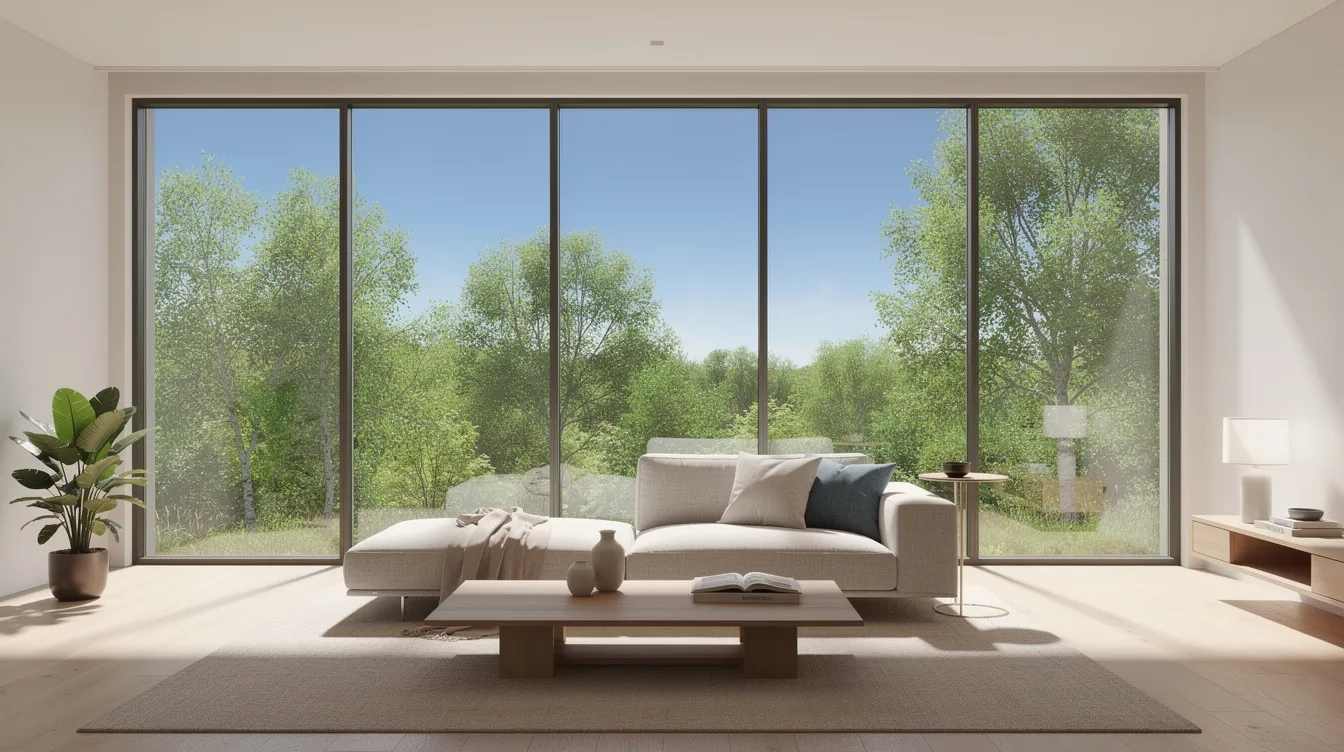 The image depicts a sunlit living room featuring floor-to-ceiling house windows with a subtle window tint that reduces glare while allowing natural light to illuminate the space. Outside, a clear view of trees and the sky can be seen, showcasing the benefits of energy-efficient window films for glare reduction and UV protection.