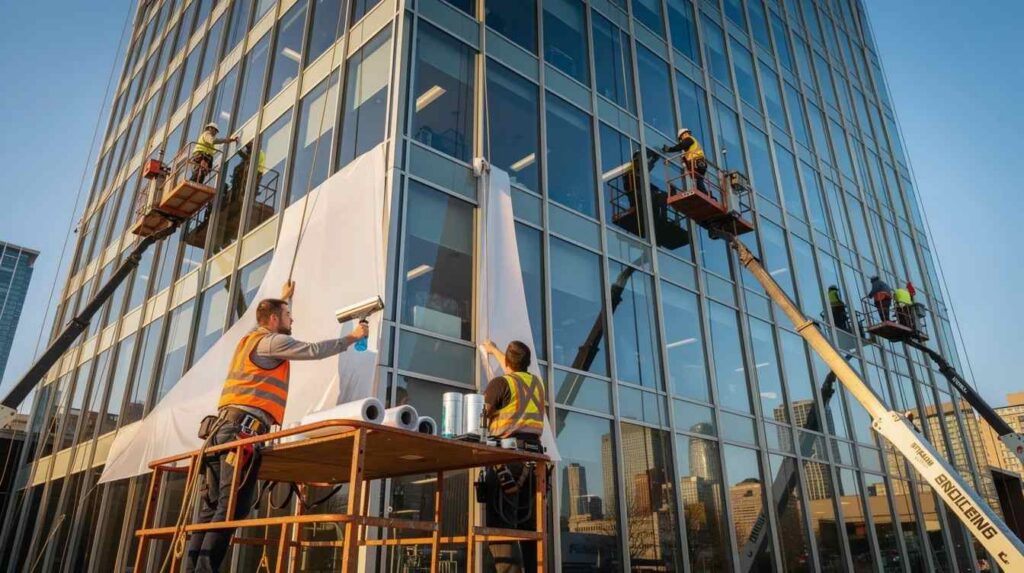 Technicians are seen applying quality window tint to the exterior glass of a large commercial office building, showcasing their expertise in installing solar control film that helps improve privacy and reduce glare. The scene highlights the practical choice of window films for enhancing comfort and protection from ultraviolet light and heat.
