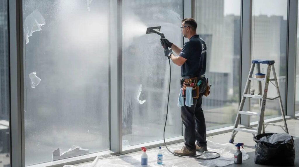 A professional technician is using a steamer to safely remove old window film from large commercial glass panels, demonstrating the process of window tint removal. The technician employs the right tools to ensure the film is peeled away without leaving adhesive residue behind.
