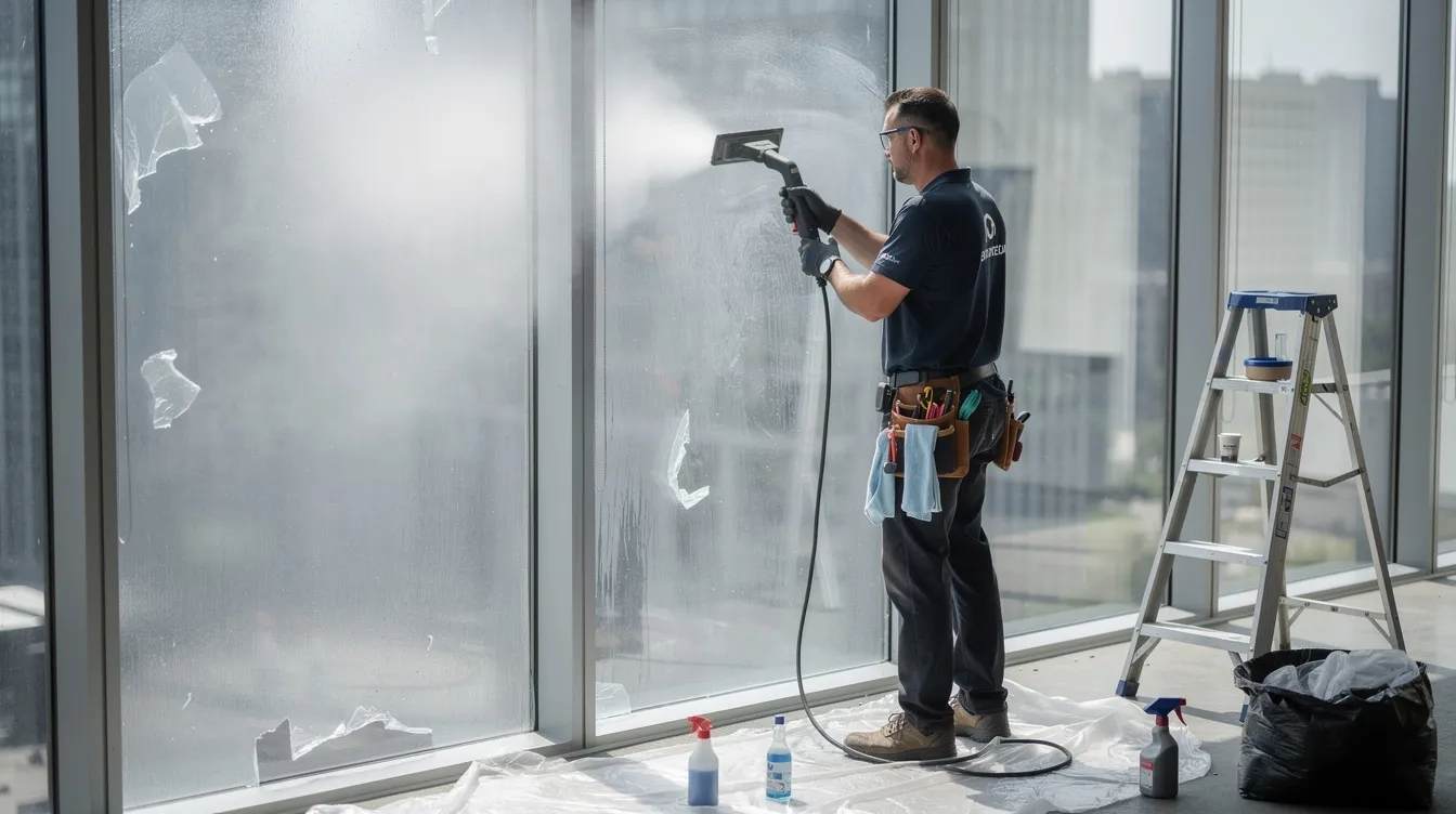 A professional technician is using a steamer to safely remove old window film from large commercial glass panels, demonstrating the process of window tint removal. The technician employs the right tools to ensure the film is peeled away without leaving adhesive residue behind.
