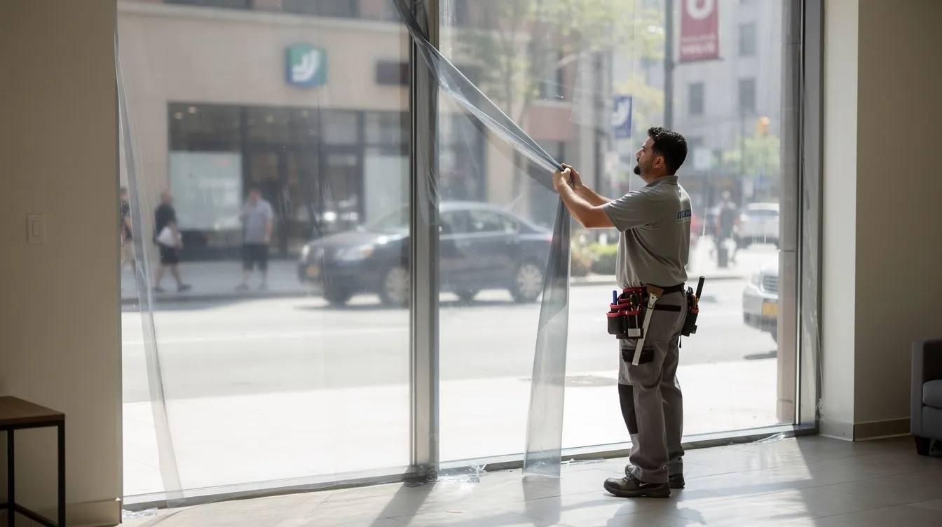 A professional window tint installer is unrolling a large sheet of window film on a commercial glass storefront, preparing to enhance the appearance and performance of the windows while providing UV protection and glare reduction. The installer uses tools to ensure a precise application, aiming to achieve increased privacy and a cooler interior for customers.