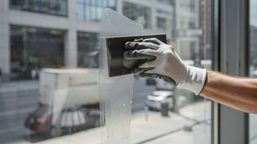 A professional installer is applying a transparent film to a large commercial window pane using a squeegee, ensuring an exceptional quality finish that provides UV protection against harmful rays. This meticulous detail not only enhances privacy but also helps in blocking heat, contributing to a more comfortable interior environment.