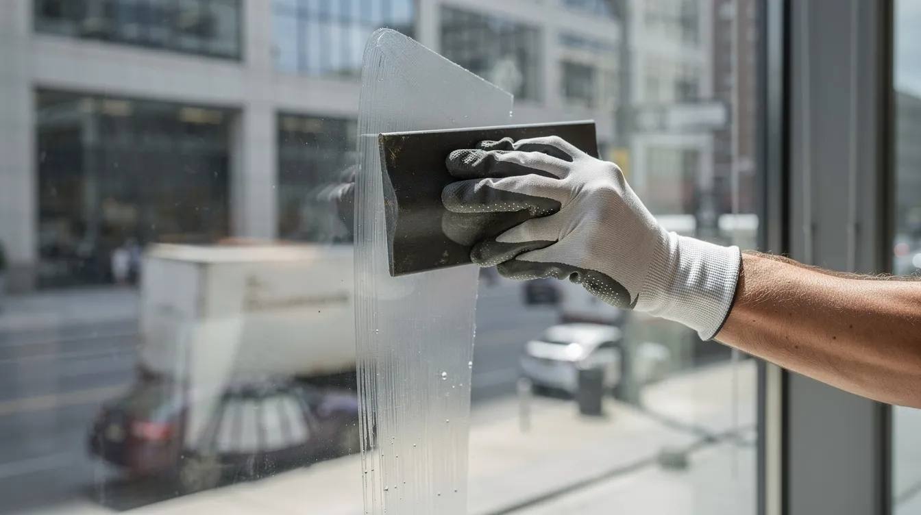 A professional installer is applying a transparent film to a large commercial window pane using a squeegee, ensuring an exceptional quality finish that provides UV protection against harmful rays. This meticulous detail not only enhances privacy but also helps in blocking heat, contributing to a more comfortable interior environment.
