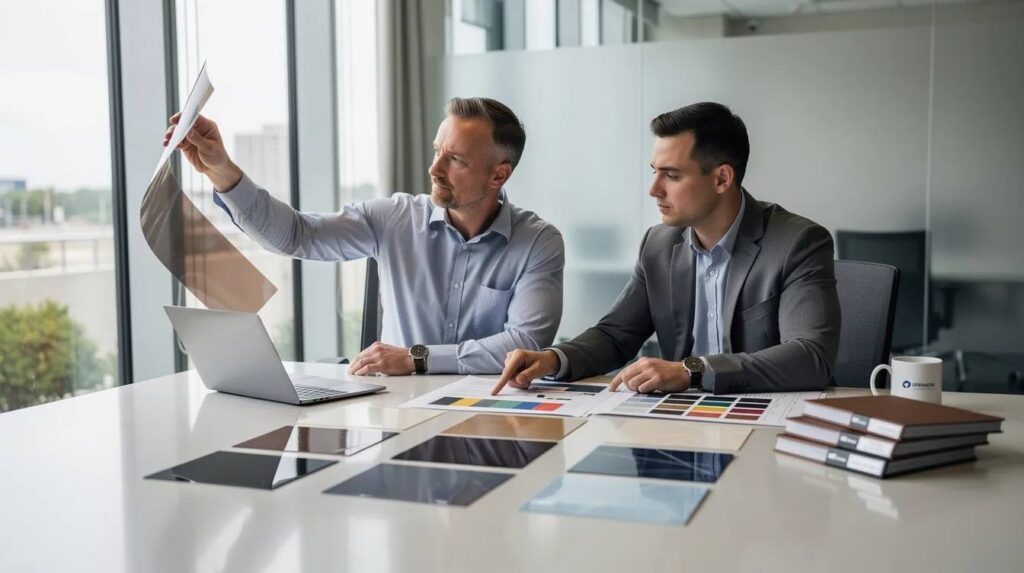 A facility manager is sitting at a conference table, reviewing various quality window tint samples with a representative from a window film distributor. They are discussing the benefits and applications of different film types, including automotive and architectural films, to improve privacy and reduce glare.