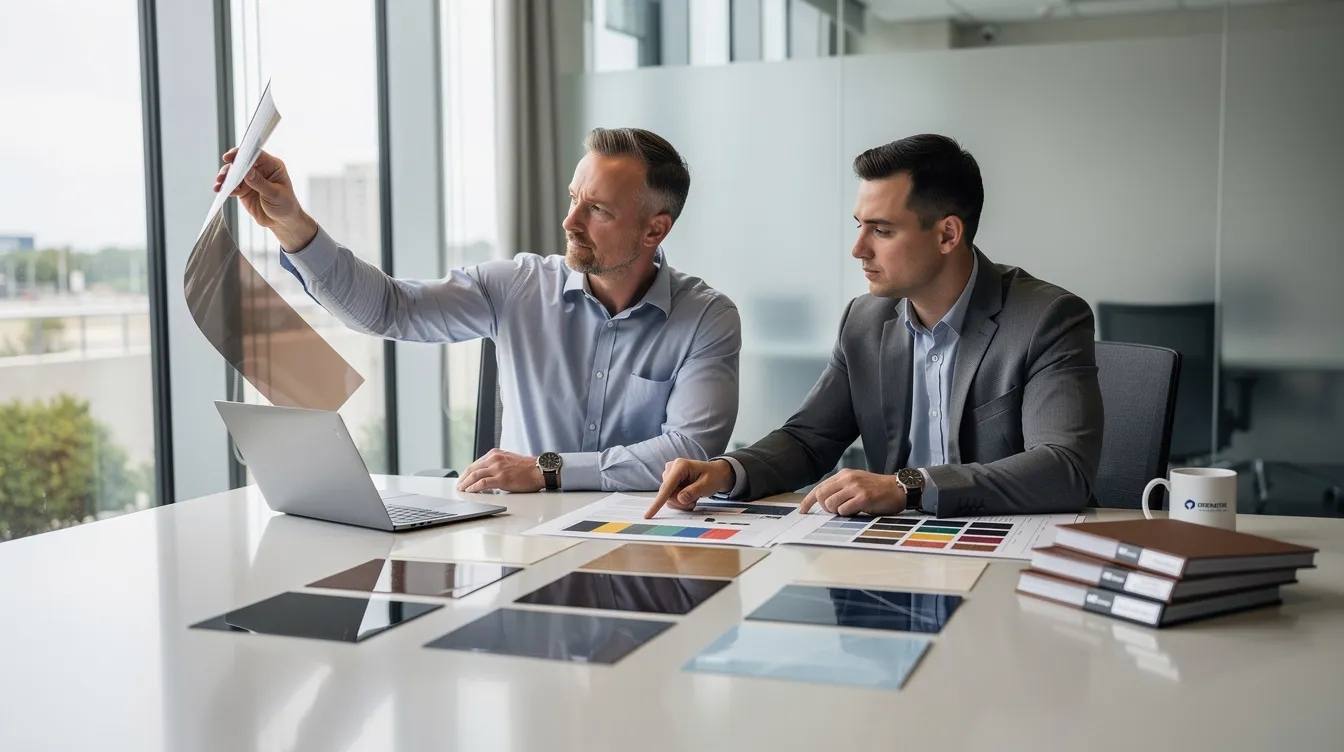 A facility manager is sitting at a conference table, reviewing various quality window tint samples with a representative from a window film distributor. They are discussing the benefits and applications of different film types, including automotive and architectural films, to improve privacy and reduce glare.
