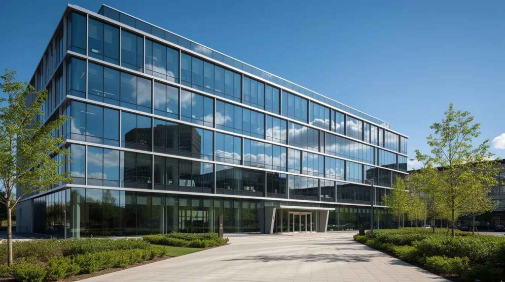 The image depicts a modern commercial office building featuring large glass windows that reflect sunlight on a bright day, showcasing the effectiveness of 3M sun control window film in reducing glare and enhancing energy savings. The sleek design and reflective surfaces highlight the contemporary architecture of the structure.