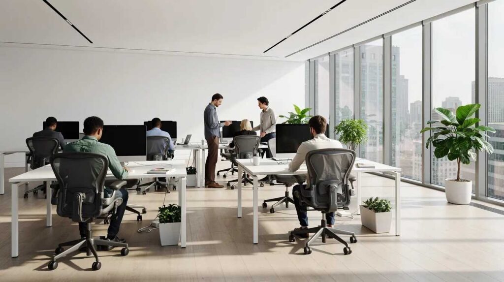 The image depicts a bright, modern office space filled with natural light streaming through large windows, where employees are engaged in their work at desks. The interior design emphasizes a low-profile aesthetic, enhancing the overall ambiance of productivity and comfort.