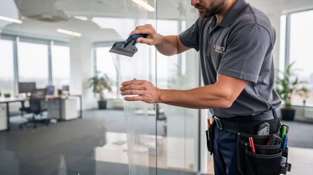 A professional window film installer is applying 3M sun control window film to a large interior glass window in a commercial building, ensuring proper adhesion and alignment for optimal energy savings and reflectivity. The scene captures the meticulous process of enhancing the building's aesthetics and functionality with high-quality window film.