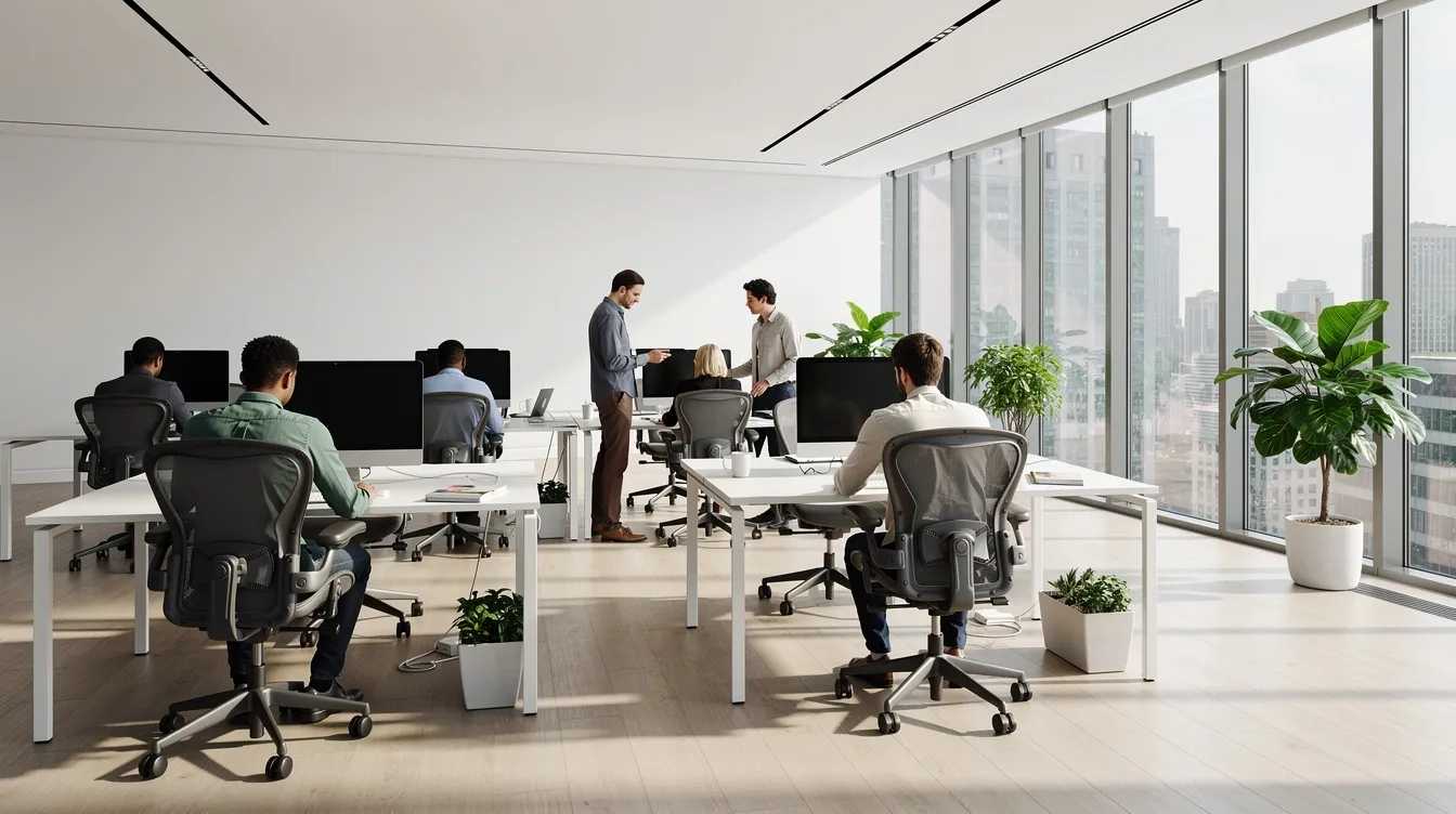 The image depicts a bright, modern office space filled with natural light streaming through large windows, where employees are engaged in their work at desks. The interior design emphasizes a low-profile aesthetic, enhancing the overall ambiance of productivity and comfort.