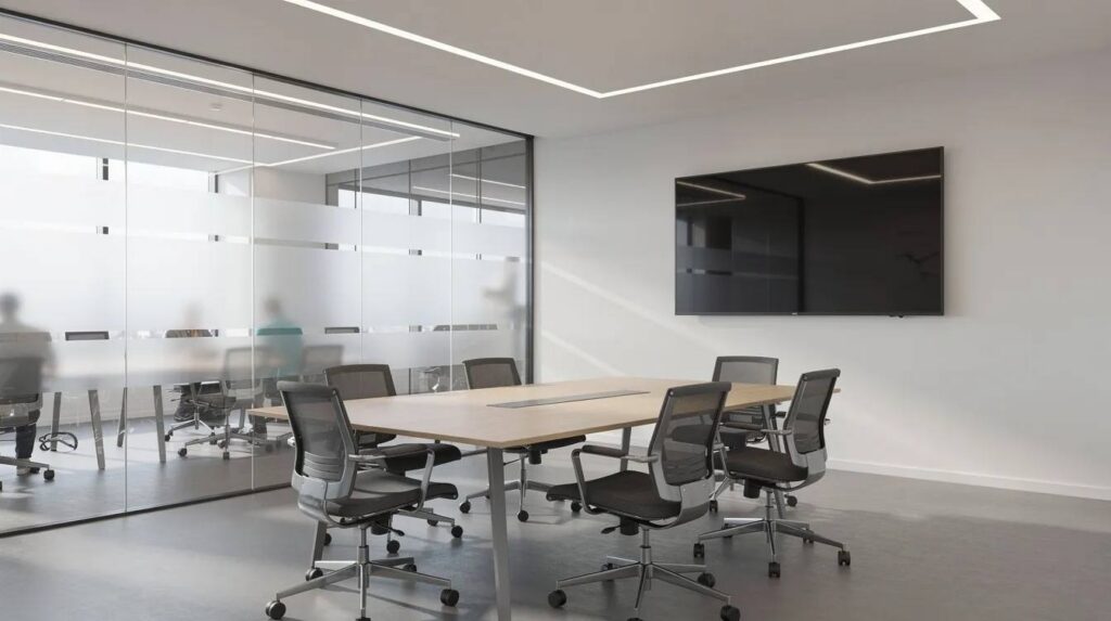 The image depicts a bright office conference room featuring floor-to-ceiling glass walls adorned with frosted privacy bands, which allow diffused natural light to fill the space while providing privacy. This design choice enhances the room's aesthetic with a modern touch, making it an ideal setting for meetings.