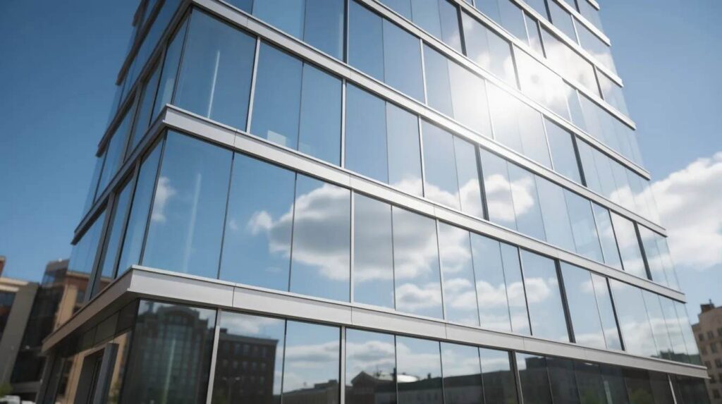 The image depicts a modern commercial building exterior featuring reflective, mirror-like window film that beautifully reflects the daytime sky. This design not only enhances the building's aesthetic appeal but also provides energy efficiency and light control, making it a popular choice for those seeking the best window privacy film.