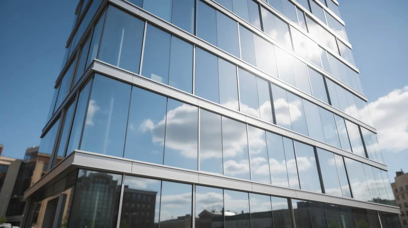 The image depicts a modern commercial building exterior featuring reflective, mirror-like window film that beautifully reflects the daytime sky. This design not only enhances the building's aesthetic appeal but also provides energy efficiency and light control, making it a popular choice for those seeking the best window privacy film.
