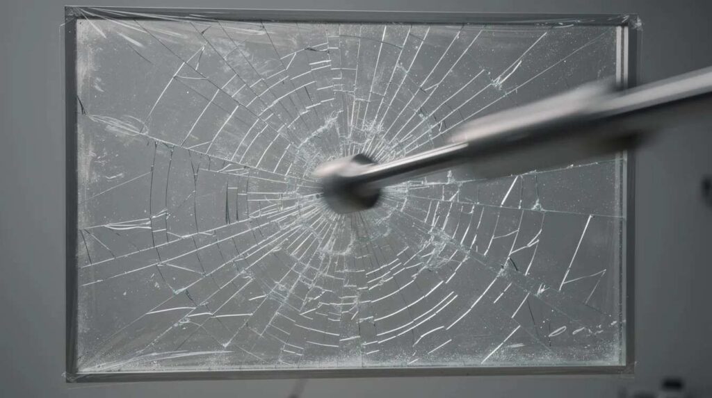 The image depicts an impact test demonstration where a heavy object strikes a glass panel, resulting in cracks while the safety film holds all fragments securely within the frame, showcasing the security and protection features of the glass designed for both residential and office applications. This test highlights the expertise in creating secure windows and doors that meet safety standards.