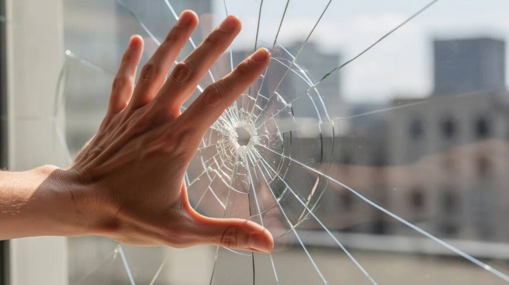 A close-up image shows a hand pressing against a window with cracked glass, which is held together by a protective clear film layer. This specialized window film not only secures the shattered glass but also provides benefits such as UV protection and energy savings for commercial spaces.