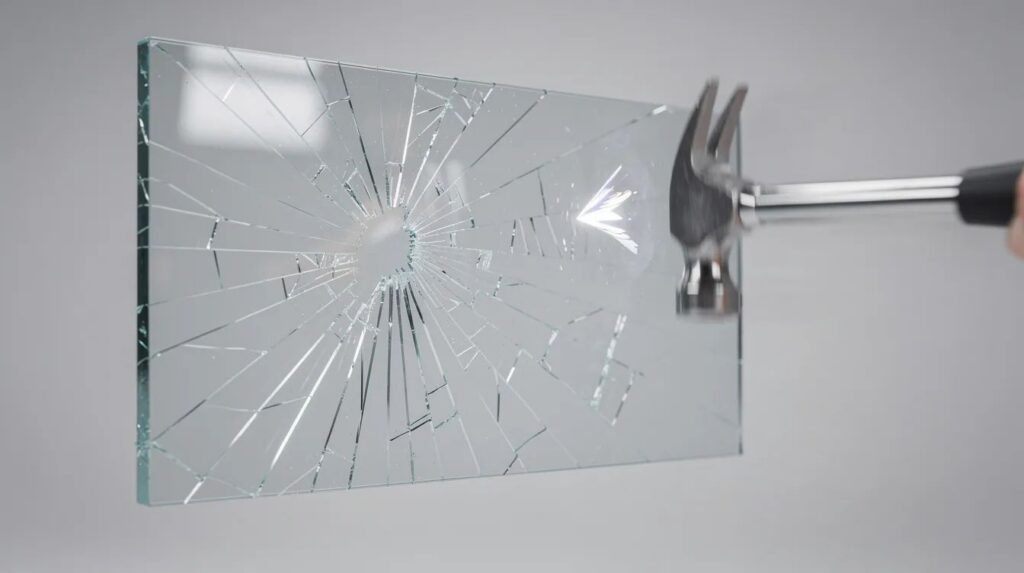 The image shows a test window that has been struck by a hammer, resulting in cracked but fully contained glass held together by transparent safety film. This security window film effectively prevents flying shards and protects against forced entry, making it a vital addition for school safety and security.