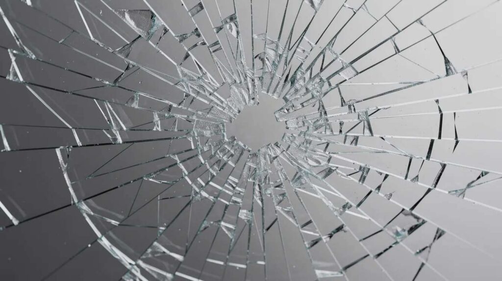 A close-up view shows cracked tempered glass being held together by a transparent security window film, highlighting the protective qualities of window films against forced entry and spontaneous glass breakage. The film ensures safety while maintaining visibility and aesthetics, making it a popular choice for businesses and storefronts.