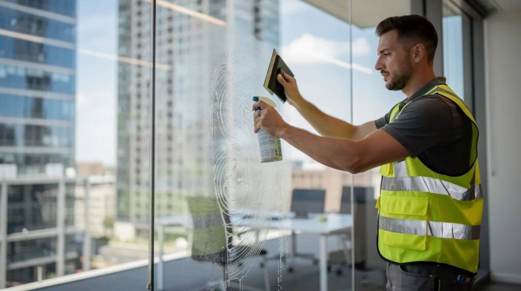 A professional installer wearing a safety vest is applying commercial window film to a large glass panel inside a building, ensuring energy efficiency and protection against harmful UV rays. This expert installation enhances privacy and reduces glare, contributing to the overall appearance and functionality of the commercial space.