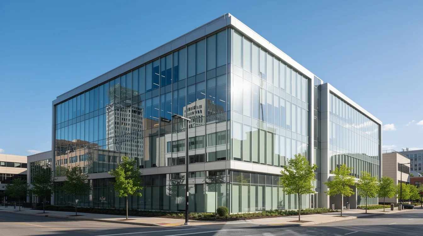 The image depicts a modern commercial office building with large glass windows that reflect sunlight on a bright day, showcasing the sleek design and energy efficiency benefits of solar control window film. The tinted windows not only enhance the building's appearance but also provide protection against harmful UV rays and reduce glare.