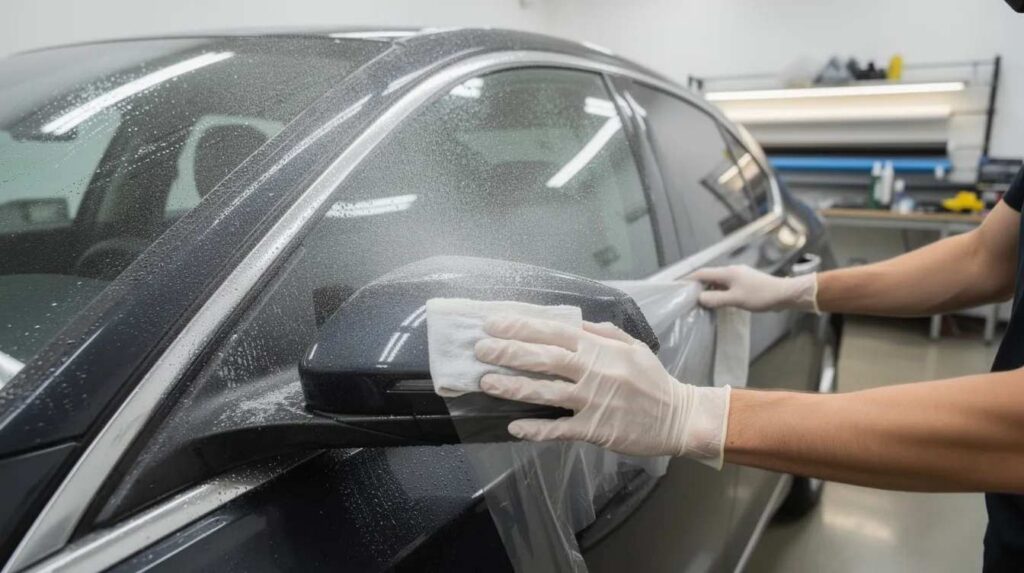 A professional technician is applying automotive window tint film to the side windows of a sleek dark sedan in a well-equipped tint shop, ensuring a precise fit while enhancing the vehicle's appearance and providing privacy. The application process utilizes quality window films designed to reduce glare and block harmful UV rays, contributing to energy savings and interior comfort.