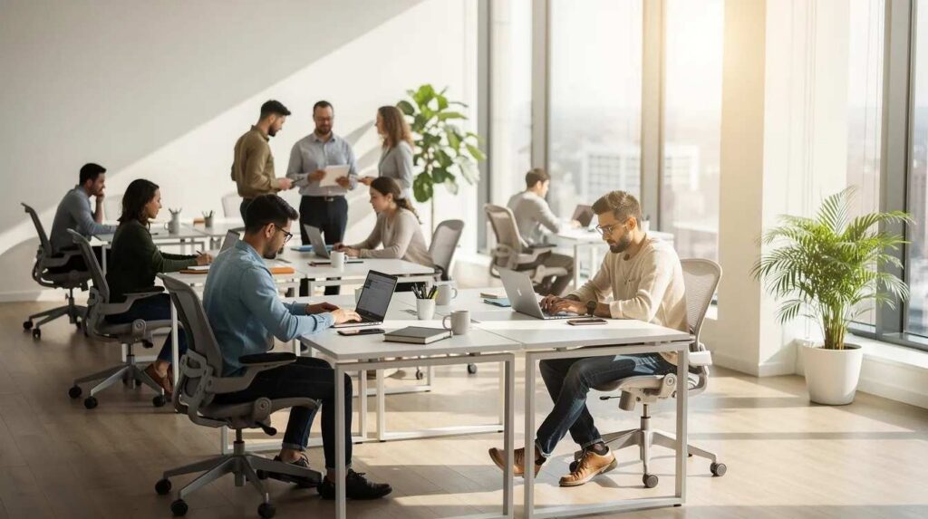 The image depicts a bright office interior where employees are diligently working at their desks, positioned near large windows that allow soft sunlight to stream in, enhancing the natural light in the space. This setup highlights the potential for energy efficiency through the use of energy-saving window films, which can help block UV rays and reduce heat gain, ultimately improving comfort and reducing energy costs.