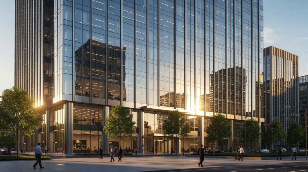 The image depicts a tall glass-walled commercial office building with the afternoon sun reflecting off its windows, showcasing the building's energy-efficient design. The reflective surfaces help reduce heat gain and glare, contributing to improved comfort and lower energy costs for the space.