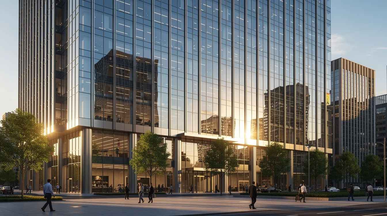 The image depicts a tall glass-walled commercial office building with the afternoon sun reflecting off its windows, showcasing the building's energy-efficient design. The reflective surfaces help reduce heat gain and glare, contributing to improved comfort and lower energy costs for the space.