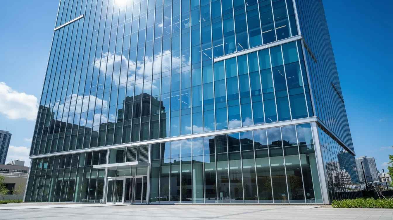 A modern commercial office building features a large glass curtain wall that reflects sunlight on a bright day, showcasing the sleek design and aesthetics of commercial properties. The use of high-quality window films can enhance energy efficiency by reducing solar heat gain and glare, creating a comfortable environment for office spaces without sacrificing natural light.