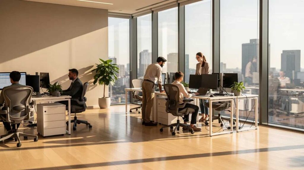 The image depicts a bright office interior where sunlight streams through tinted windows, creating a comfortable environment for employees working at their desks. The use of commercial window tinting enhances energy efficiency by reducing glare and protecting against harmful UV rays, all while maintaining natural light.