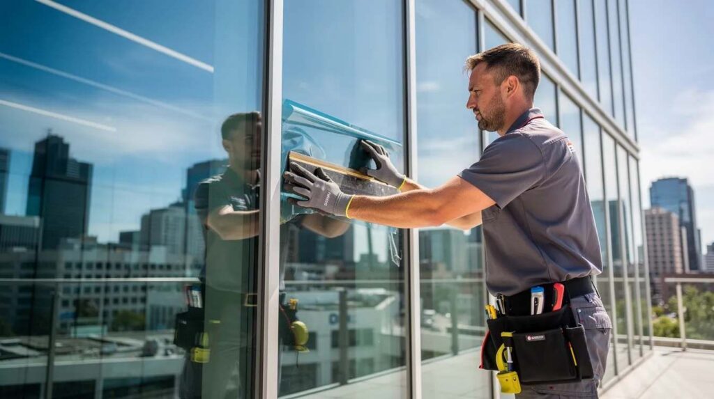 A professional window film installer is applying reflective one way window film to a large commercial glass panel using a squeegee, ensuring a high level of privacy and light control. The film's mirror effect helps reduce outside visibility during daylight hours while providing heat reduction and protecting the interior from fading.