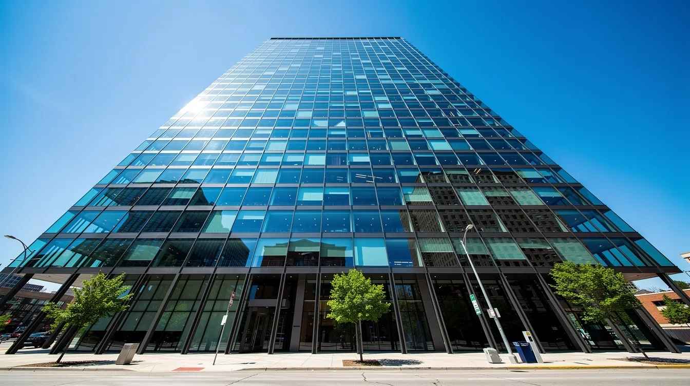 The image shows a modern glass office tower reflecting bright summer sunlight against a clear blue sky, showcasing its sleek design and expansive windows. This commercial building could benefit from commercial window tinting to enhance energy efficiency, reduce glare, and provide UV protection from the sun's harmful rays.