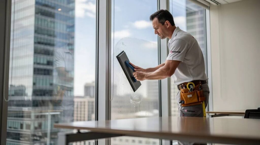 A professional installer is applying window film to a large office window, using a squeegee to ensure a smooth finish while city views are visible outside. This commercial window tinting process enhances energy efficiency by reducing heat gain and glare, providing a comfortable environment for building occupants.