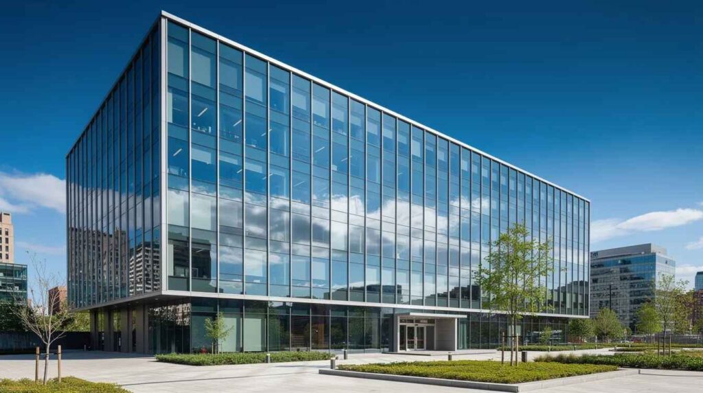The image depicts a modern commercial office building featuring reflective tinted glass panels that gleam in the sunlight, showcasing the benefits of commercial window tinting. The sleek design emphasizes energy efficiency and aesthetics, making it an ideal choice for businesses looking to improve comfort and reduce energy consumption.