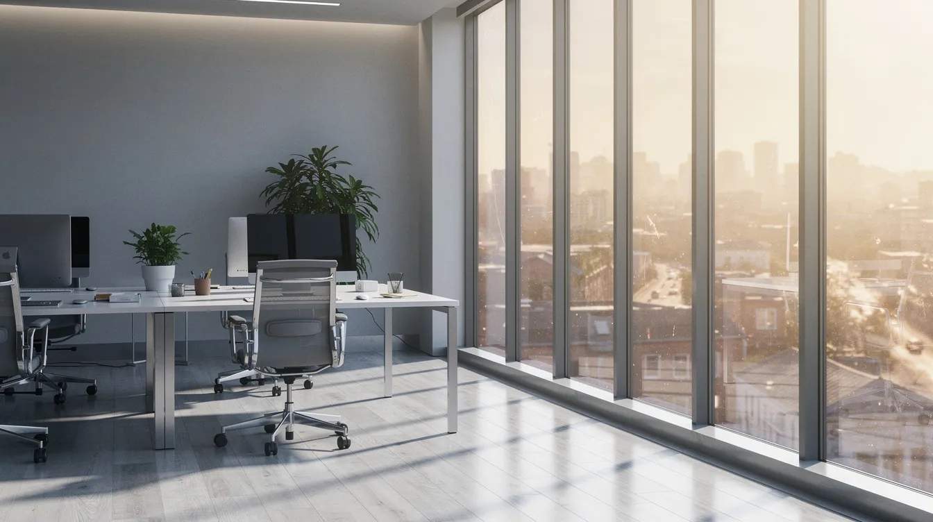 The image depicts sunlight streaming through large office windows, creating a bright and inviting workspace while heat shimmer is visible outside. This scene highlights the importance of commercial window tinting services for enhancing comfort, reducing glare, and providing UV protection in commercial spaces.