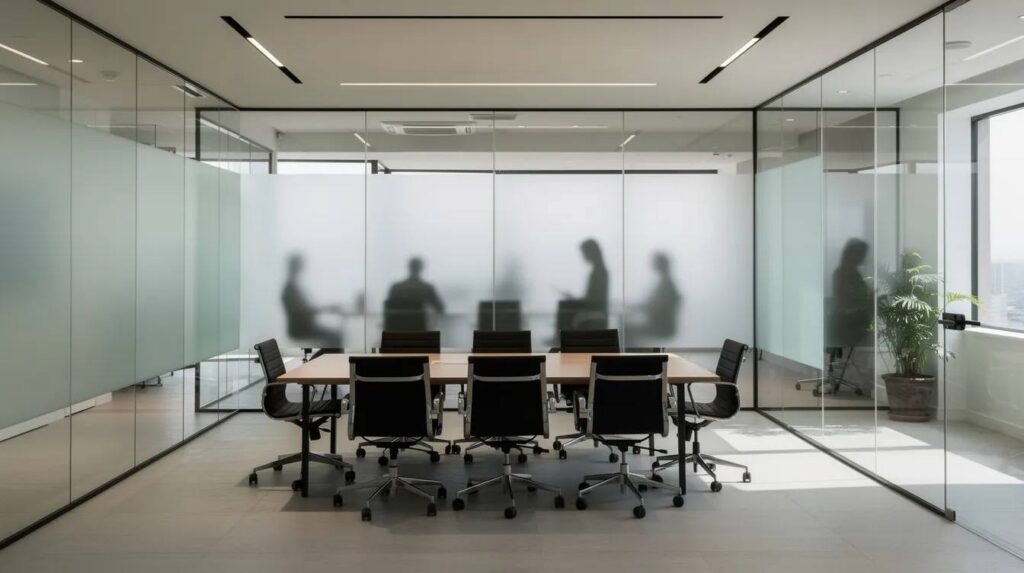 The image features a frosted glass conference room interior, where soft daylight gently filters through tinted partition walls, enhancing office aesthetics while providing privacy. The professional window tinting not only allows natural light to illuminate the space but also helps block harmful UV rays and reduce glare, creating a comfortable environment for meetings.