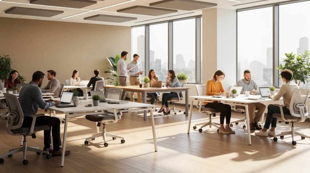 The image depicts a bright open-plan office filled with natural light streaming through large windows, where comfortable employees are focused on their work at desks. The scene highlights the benefits of commercial window tinting, as the tinted windows help reduce glare and protect against harmful UV rays while enhancing the overall energy efficiency of the commercial space.