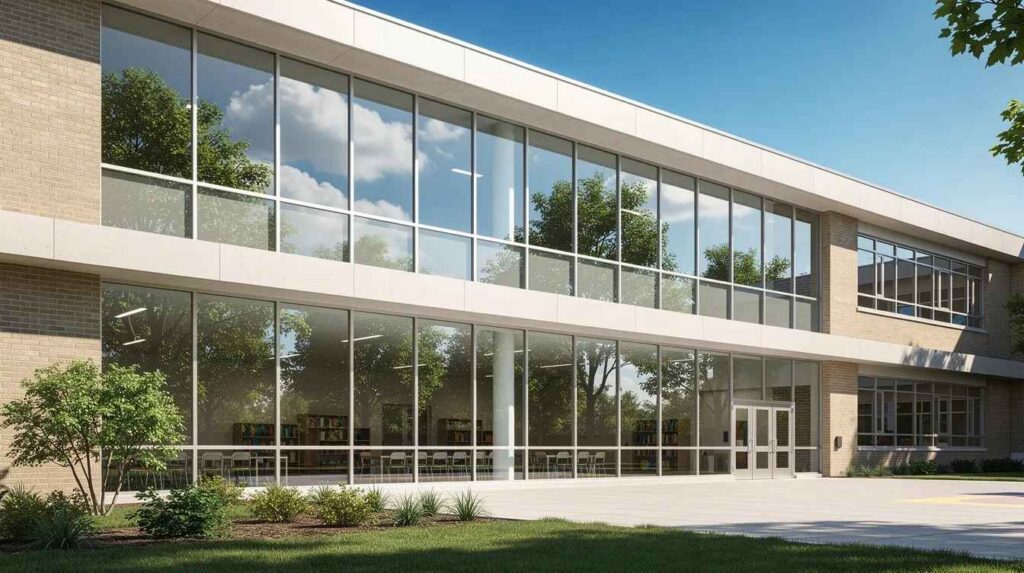 The image shows the exterior of a school building featuring large ground-floor windows that reflect vibrant green trees and a clear blue sky, highlighting the use of exterior window film designed to enhance access and protect against weather and wind.