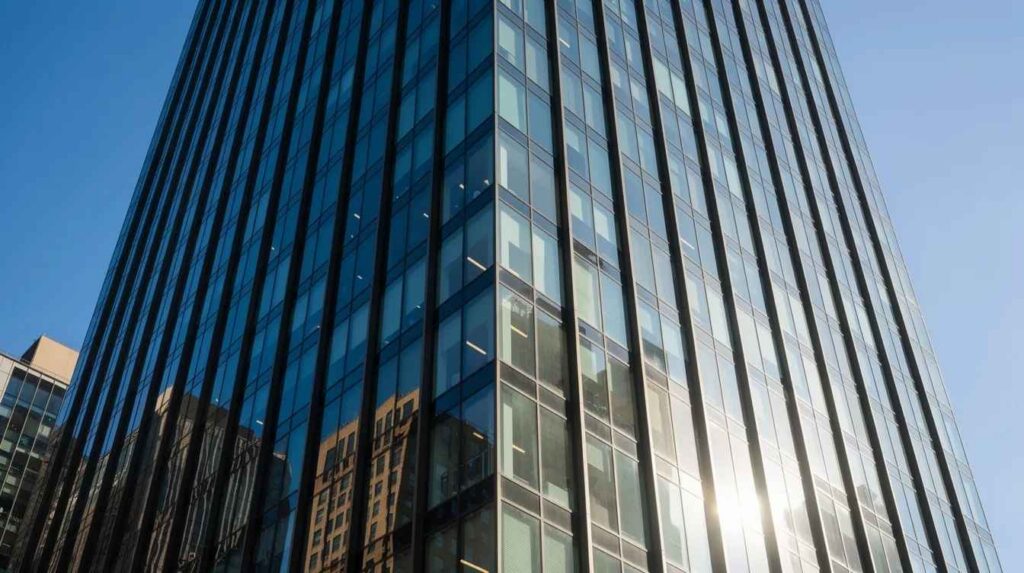The image shows a close-up view of a tall commercial glass building, where sunlight reflects off the sleek windows, showcasing the modern architecture. The exterior window protection film is designed to enhance the building's resilience against weather and wind, while adding aesthetic appeal to the environment.
