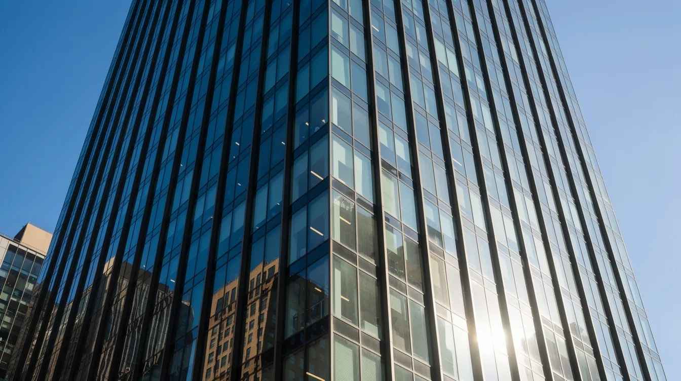 The image shows a close-up view of a tall commercial glass building, where sunlight reflects off the sleek windows, showcasing the modern architecture. The exterior window protection film is designed to enhance the building's resilience against weather and wind, while adding aesthetic appeal to the environment.