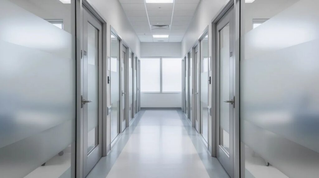 The image depicts a hospital corridor featuring frosted privacy bands on the glass panels of exam room doors, allowing natural light to filter through while ensuring patient confidentiality. This design enhances patient comfort and privacy in healthcare settings, contributing to a secure and welcoming environment.