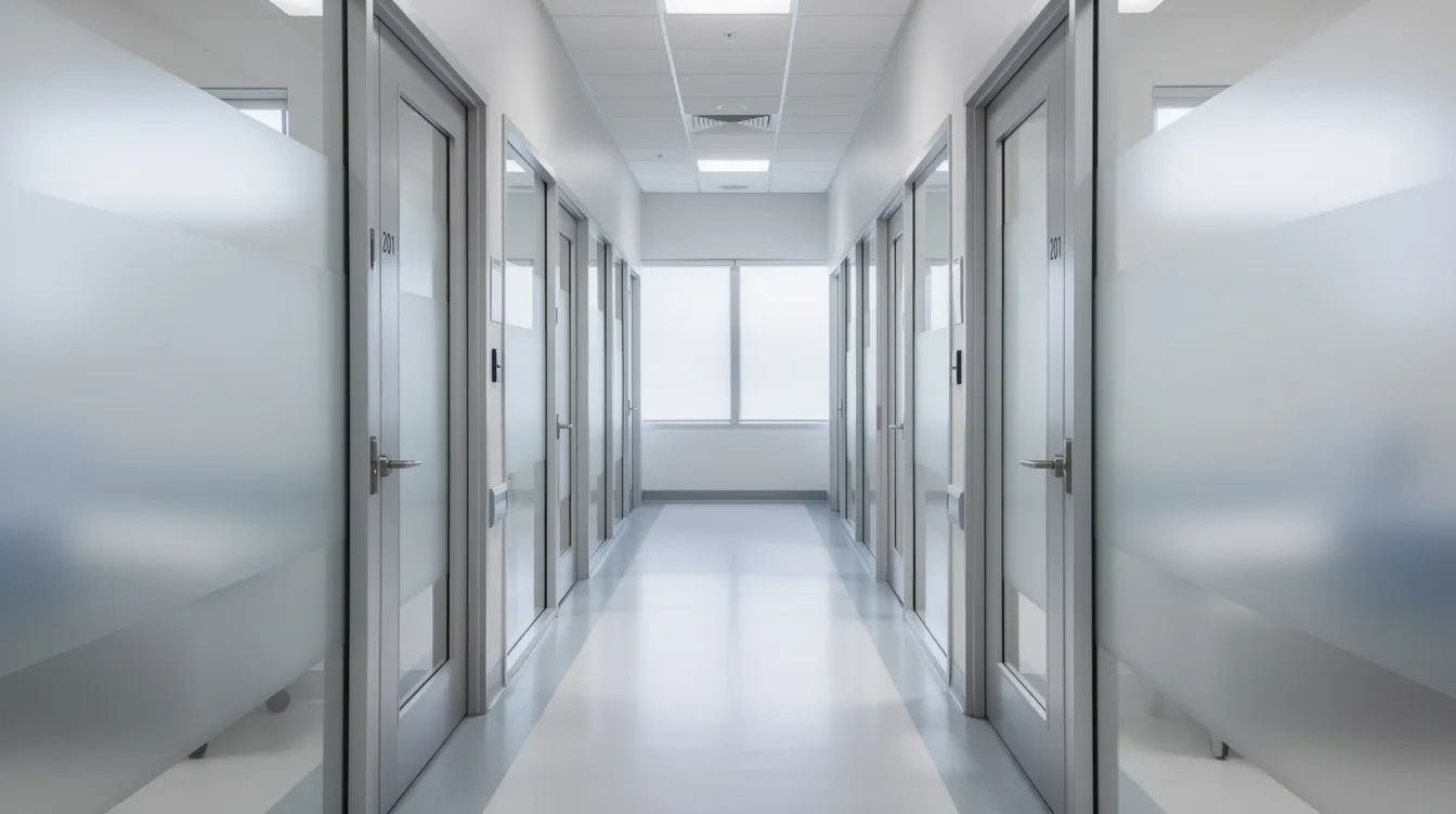 The image depicts a hospital corridor featuring frosted privacy bands on the glass panels of exam room doors, allowing natural light to filter through while ensuring patient confidentiality. This design enhances patient comfort and privacy in healthcare settings, contributing to a secure and welcoming environment.