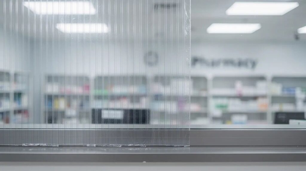 This image features a close-up view of a reinforced pharmacy window in a medical building, showcasing thick security window film applied to the glass panels. The installation of this professional-grade security film enhances patient privacy and safety while maintaining natural light in healthcare environments.