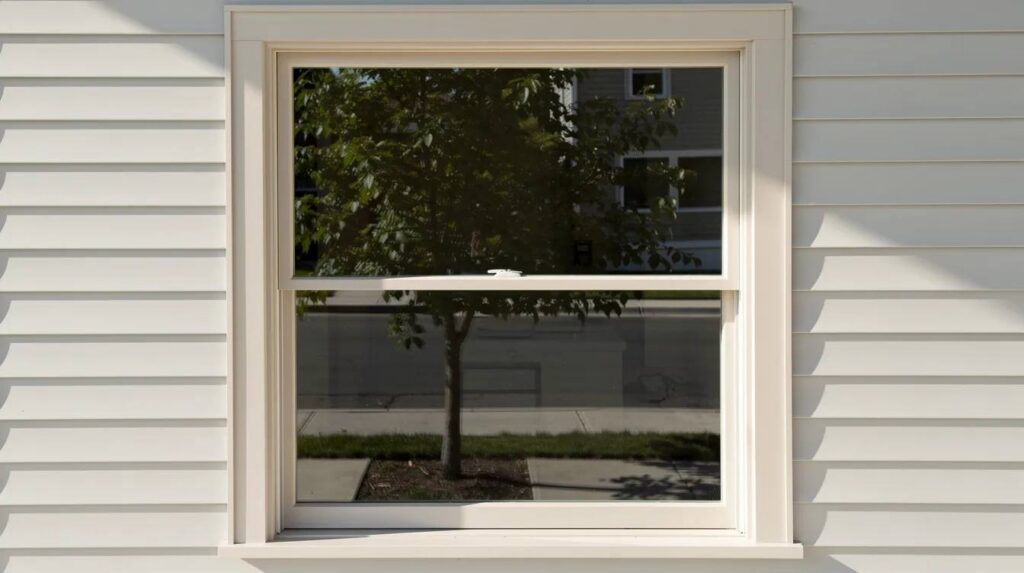 The image shows an exterior view of a street-facing house window with a subtle reflective surface, capturing the reflection of a nearby tree and sidewalk during the daytime. This window features window films that enhance energy efficiency while providing UV protection and glare reduction, allowing natural light to enter the living space while maintaining daytime privacy.