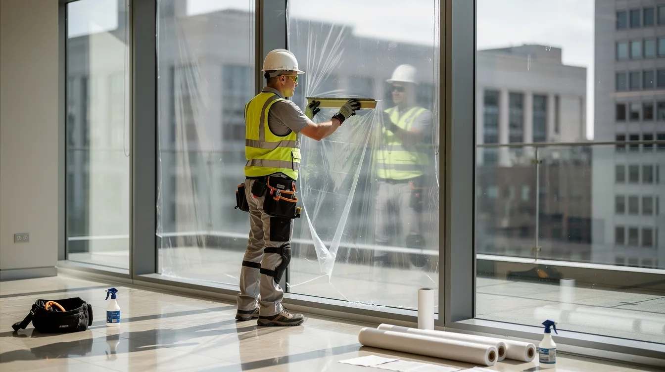 A professional installer, dressed in safety gear, is applying a large security window film to a floor-to-ceiling commercial window, providing an added layer of protection against flying debris and shattering during severe weather and hurricane season. This installation aims to enhance comfort and peace of mind for homeowners and businesses alike.