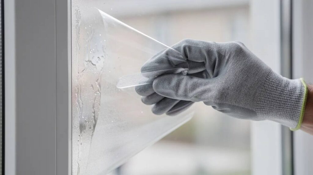 A close-up image shows a gloved hand smoothing a clear security window film onto the interior glass surface of a window, providing an added layer of protection against flying debris and shattering during severe weather, such as hurricanes. This professional installation enhances safety and peace of mind for homeowners, ensuring their family is prepared for high-speed winds and storms.