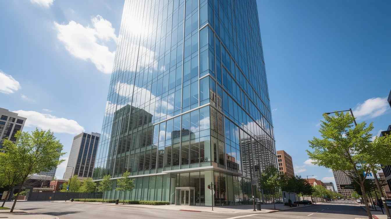 A modern glass office tower features lightly tinted windows that reflect a bright blue sky on a sunny day, enhancing the office aesthetics while providing UV protection and reducing glare. The building's sleek design promotes energy efficiency and comfort in the workspace, making it an ideal choice for professional window tinting solutions.